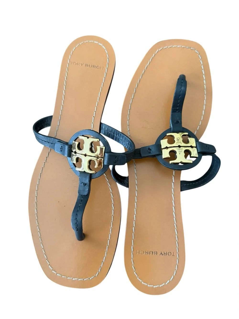 Tory Burch Black Leather Gold Logo Thong Sandals